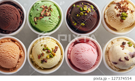 Assortment of colorful ice cream scoops in white cups with various toppings on light background. Summer dessert variety. Sweet and refreshing. Assortment of colorful ice cream scoops in white cups with various toppings on light background. Summer dessert variety. Sweet and refreshing. 127374554