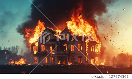 Two-story residential house completely engulfed in flames during a massive fire, with intense heat, smoke, and debris flying through the air. Dramatic sunset disaster. Two-story residential house completely engulfed in flames during a massive fire, with intense heat, smoke, and debris flying through the air. Dramatic sunset disaster. 127374561