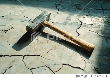 Sledgehammer resting on cracked concrete surface with dramatic shadows and natural lighting 127374621