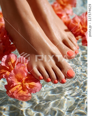 Beautiful feet with coral nail polish surrounded by vibrant tropical flowers in clear water 127374629