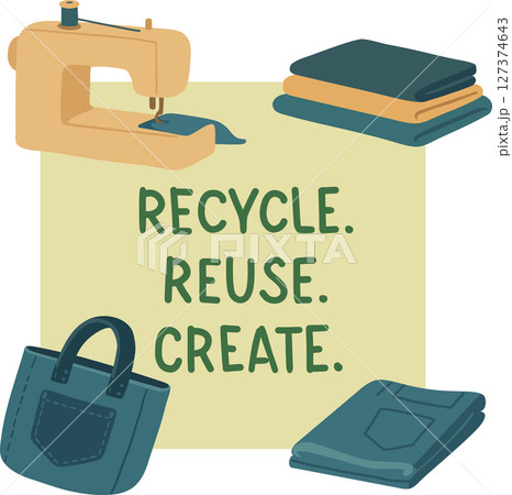 Young girl recycling cloth, using sewing machine. Woman sews a bag from jeans. reuse. Illustration of textile recycling. Concept of reducing waste. Vector cartoon 127374643