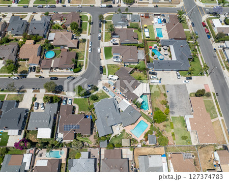 Day time aerial view of the Uptown area of Whittier, California. 127374783