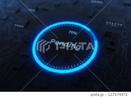 Digital loading progress indicator with pending status on a futuristic circuit board background Digital loading progress indicator with pending status on a futuristic circuit board background 127374872