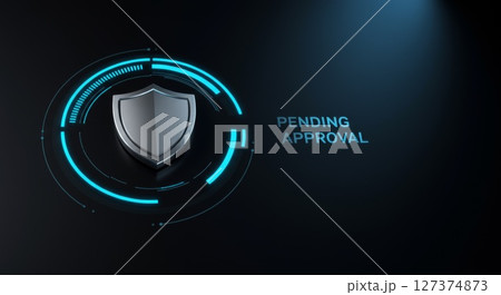 Shield icon with glowing elements and pending approval text on a dark background 127374873