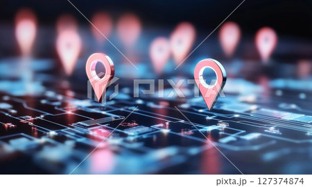 Digital map with location pins representing logistics and delivery tracking systems 127374874