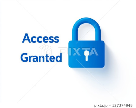 Blue padlock icon with text access granted on a clean white background for security concepts 127374949