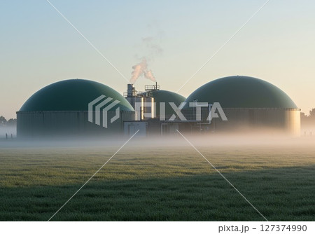 Biogas plant transforming organic waste into renewable energy in agricultural landscape 127374990