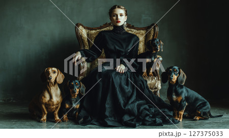 Elegant woman in a vintage armchair surrounded by four adorable dachshunds 127375033