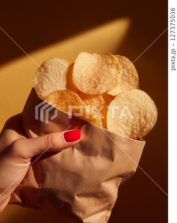 Delightful snack time with a neutral matte chips packet in hand Delightful snack time with a neutral matte chips packet in hand 127375036