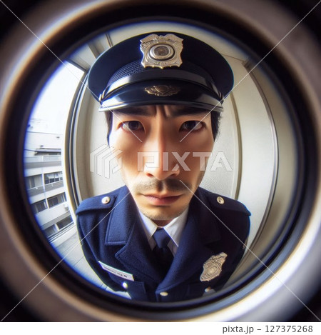 在宅中の視点、ドアスコープに映る警察官の顔 127375268