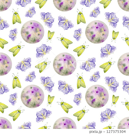 Seamless pattern Watercolor moon and moth, night butterfly background. Hand-drawn night luna light object sky elements space. Wallpaper., wrapping, clipart, sketchbook, design Seamless pattern Watercolor moon and moth, night butterfly background. Hand-drawn night luna light object sky elements space. Wallpaper., wrapping, clipart, sketchbook, design 127375304