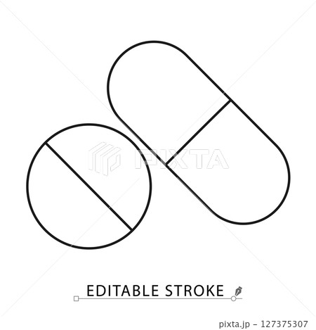 Pills icon in minimal line style with editable stroke. Medical tablet and capsule symbol, pharmaceutical element for healthcare visuals, drug treatment, prescription concept 127375307