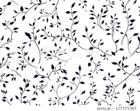 A seamless pattern featuring elegant black leaves and intertwining vines on a clean white background, creating a sophisticated botanical design. 127375365