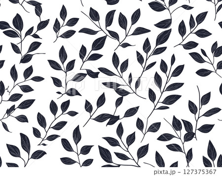 A seamless pattern featuring elegant black leaves and intertwining vines on a clean white background, creating a sophisticated botanical design. 127375367