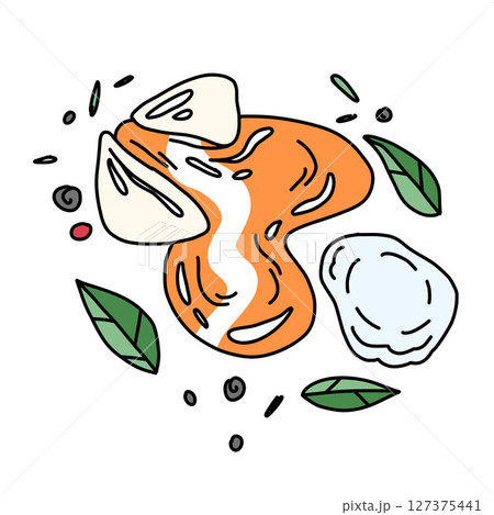 Poached egg picturesquely spread on a white background among basil and hot pepper 127375441