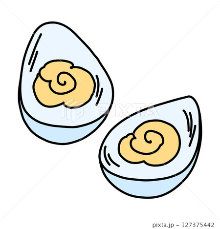 Doodle style illustration of hard boiled eggs with yolk sauce filling in the center 127375442