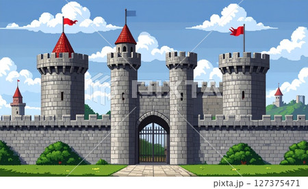 レトロゲーム風の自然のピクセルアート背景（高層の城壁） Generative AI 127375471
