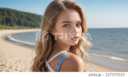 海岸に立つ美少女 127375525