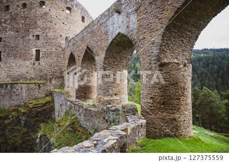 The Gothic bridge of Velhartice Castle stands majestically, surrounded by lush greenery. Its stone arches offer a glimpse into the historical architecture and scenic beauty of Czechia's landscape. 127375559