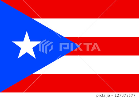 Puerto Rico Flag. The vibrant flag features alternating red and white stripes with a blue triangle containing a white star. This national symbol signifies rich culture and history. 127375577