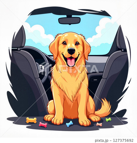 Cheerful golden retriever sitting in car, joy of travel 127375692