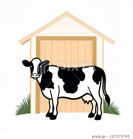 Cow standing by barn door in minimalist style, farm life concept 127375745