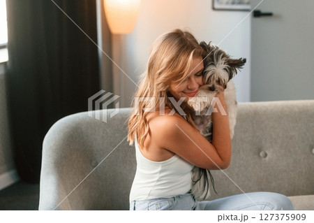 Embracing the animal. Beautiful young woman is with little dog indoors Embracing the animal. Beautiful young woman is with little dog indoors 127375909