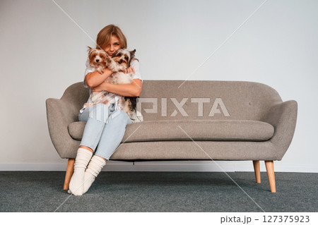 Conception of care and love. Woman is sitting on a sofa with two cute dogs Conception of care and love. Woman is sitting on a sofa with two cute dogs 127375923