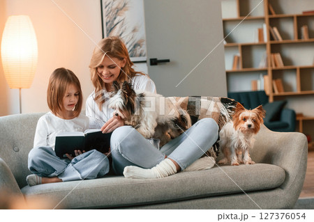 Reading the book. Mother with her daughter and with two cute dogs is in domestic room 127376054
