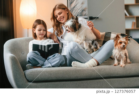 Reading the book. Mother with her daughter and with two cute dogs is in domestic room Reading the book. Mother with her daughter and with two cute dogs is in domestic room 127376057