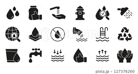 Sustainable Water Usage, Recycling, And Resource Protection Silhouette Symbol Collection. Hydration, Sanitation, And Environmental Care Solid Icon Set. Isolated Vector Illustration Sustainable Water Usage, Recycling, And Resource Protection Silhouette Symbol Collection. Hydration, Sanitation, And Environmental Care Solid Icon Set. Isolated Vector Illustration 127376260