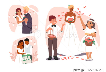Groom and bride loving couple newlyweds cartoon characters enjoying wedding ceremony tradition 127376348