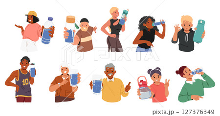 Diverse people characters with water bottle, drinking aqua, offering mineral liquid for refreshment Diverse people characters with water bottle, drinking aqua, offering mineral liquid for refreshment 127376349