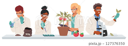 Scientists team working at agricultural laboratory inspecting soil, plants and cultivated vegetables Scientists team working at agricultural laboratory inspecting soil, plants and cultivated vegetables 127376350