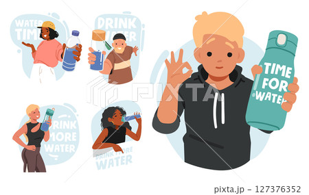 Adults and children characters promoting to drink more water and take break for refreshment set 127376352