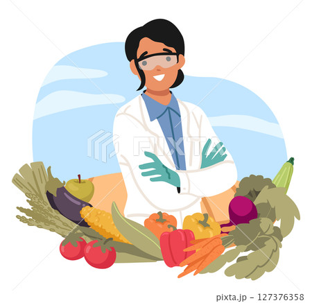 Woman scientist surrounded by abundance of natural organic products of smart agricultural farm 127376358