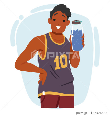 Young sportive guy character preferring healthy habits and lifestyle caring for water balance 127376382