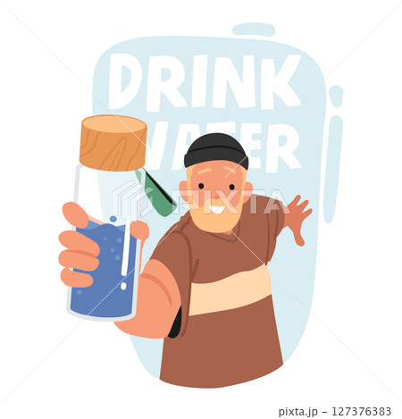 Bearded adult hipster guy character offering bottle of refreshment liquid exhorting to drink water Bearded adult hipster guy character offering bottle of refreshment liquid exhorting to drink water 127376383