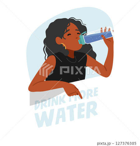 Trendy fashion woman thirsty young character drinking more fresh water from bottle carton scene 127376385