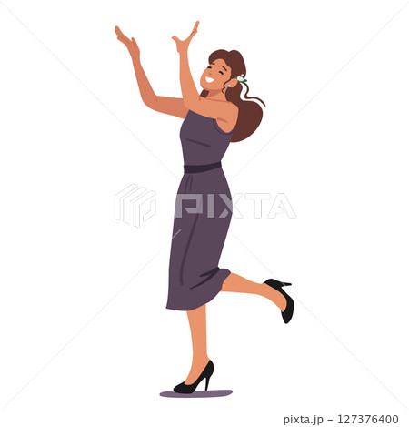 Joyful woman cartoon bridesmaid character in stylish dress raising hands up to catch bridal bouquet 127376400