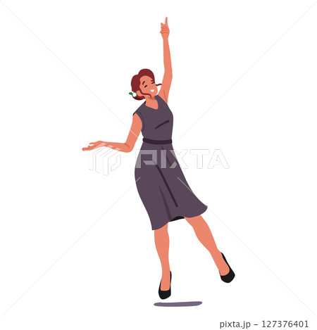 Excited unmarried young woman cartoon character in festive dress jumping for bridal bouquet Excited unmarried young woman cartoon character in festive dress jumping for bridal bouquet 127376401
