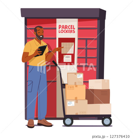 Man cartoon character using modern electronic parcel lockers self service isolated scene on white 127376410