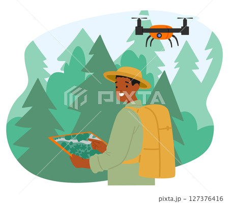 Man environmentalist examining rainforest on tropics applying automated drone technology scene 127376416