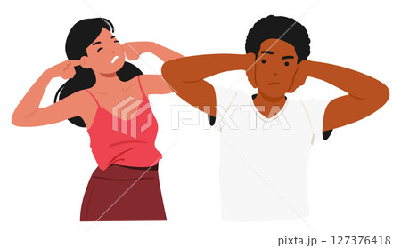 Sensitive diverse people cartoon characters closing ears ignoring loud sounds suffering from noise Sensitive diverse people cartoon characters closing ears ignoring loud sounds suffering from noise 127376418