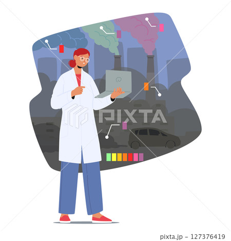 Woman scientist ecologist analyzing pollution level in city from chemical plants, cars cartoon scene Woman scientist ecologist analyzing pollution level in city from chemical plants, cars cartoon scene 127376419