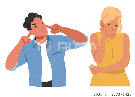 Man and woman isolated cartoon characters suffering from loud sound covering ears from noise 127376420