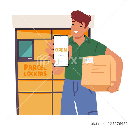 Man customer character promoting express self service of postal parcels lockers cartoon scene 127376422