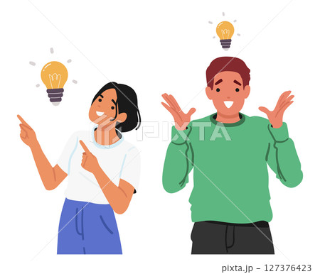 Happy smiling man and woman isolated cartoon characters feeling inspiration generating good idea 127376423