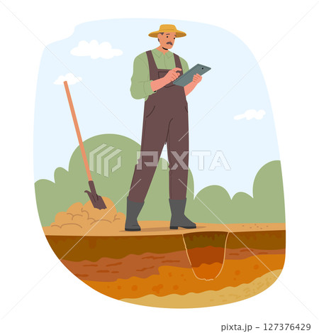 Ecologist character examining soil engaged in geology research and pollution level analysis scene 127376429