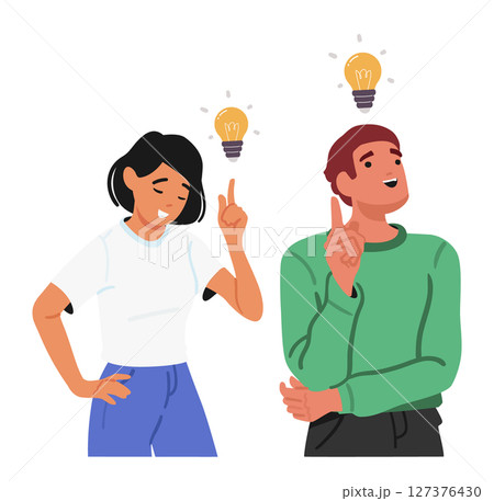 Young man and woman cartoon characters having insight gesturing brilliant idea isolated on white 127376430